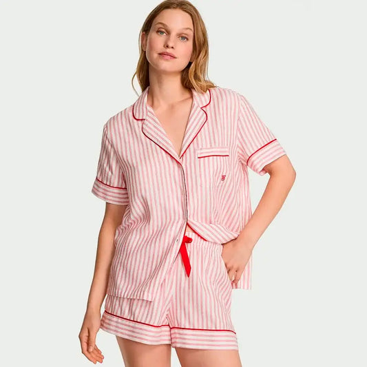 Conjunto Pijama Short Franela Blanco con lineas Rojas