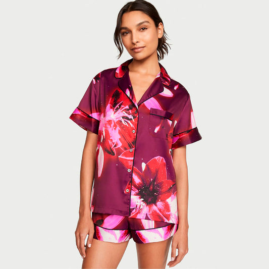 Pijama Corta Rojo purpura floral de Satin