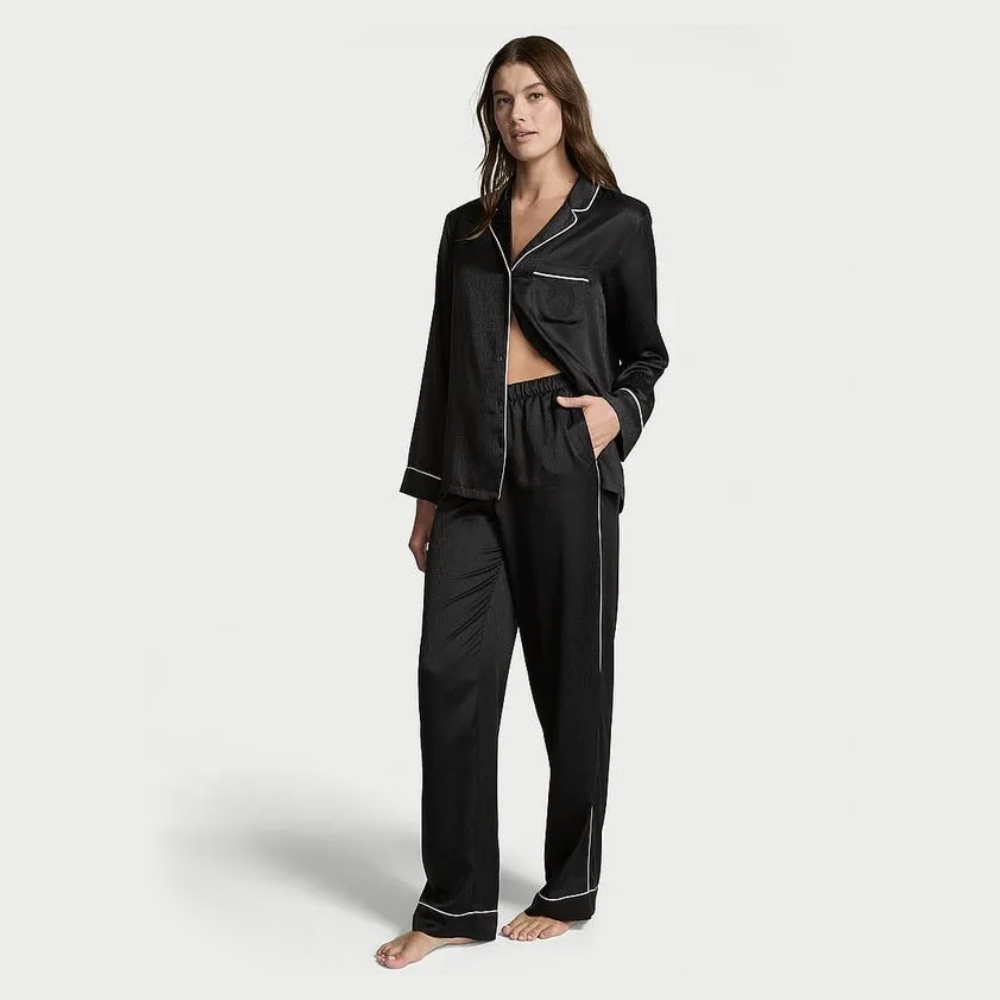 Pijama negra con lineas Rosa Satin Victoria´s Secret
